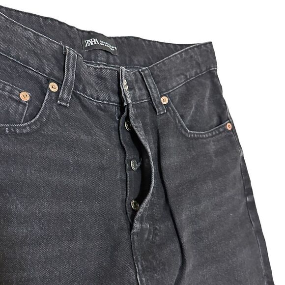 Zara Black Wide Leg Raw Hem High Waisted Button Fly Denim Mom Jeans - Picture 4 of 7